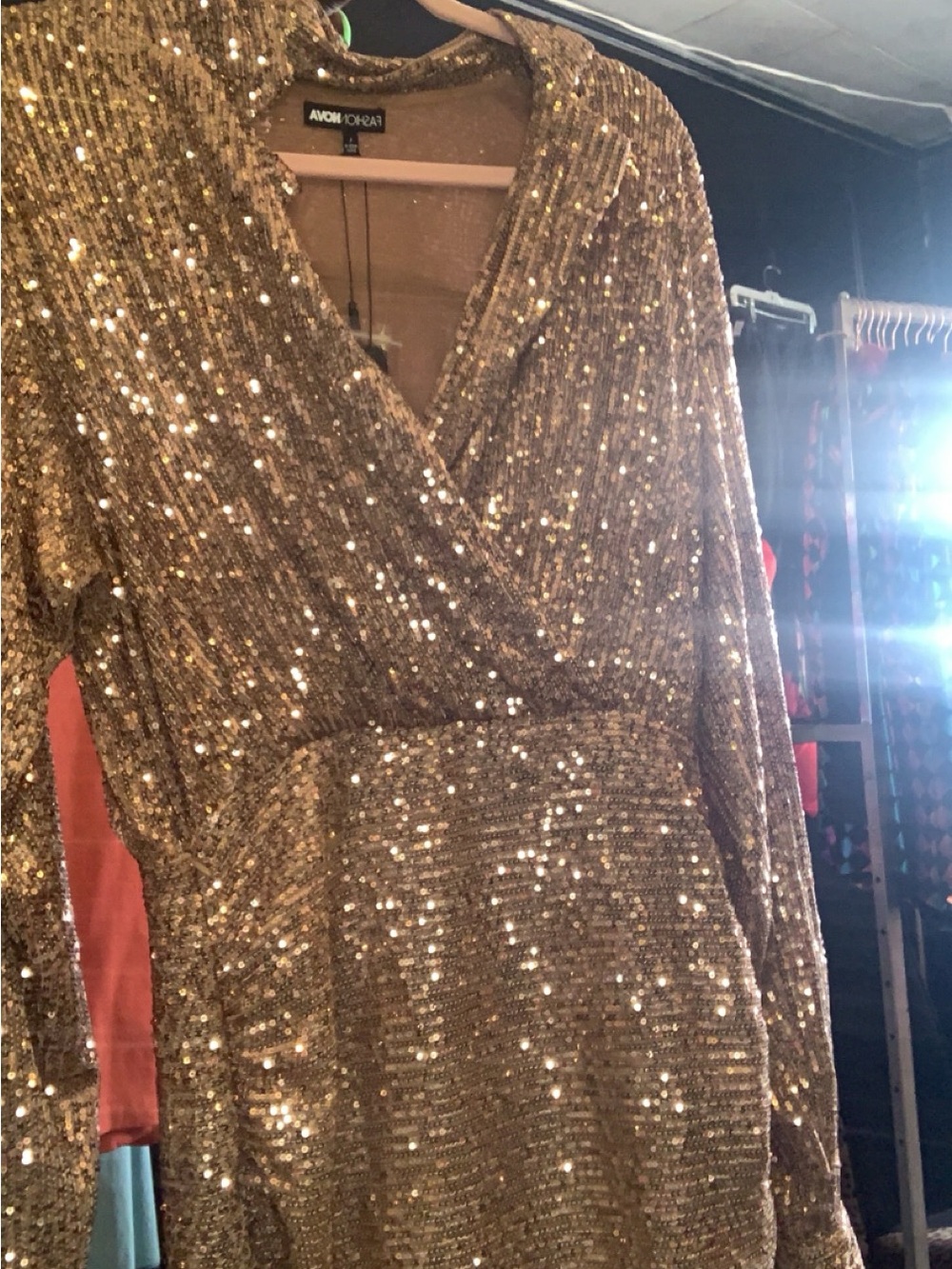Ava & Viv Champagne Gold Sequin Wrap Dress - Long Sleeve